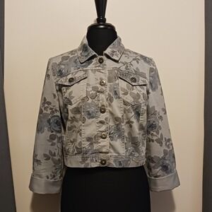 Mossimo Supply Co. Floral Denim Jacket Womens Juniors Large Gray Blue Cropped